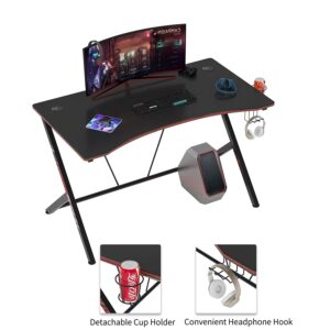 LushTree 47″ Gaming Desk with Headphone/Cup Holder, Curved Computer Table (Black)