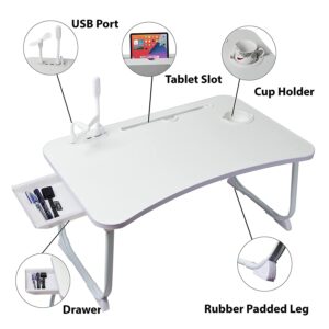 GoRogue Laptop Table for Bed & Sofa, Foldable Desk with Cup Holder, Drawer & Built-in USB Hub with Free Mini Fan, LED Lamp (White)