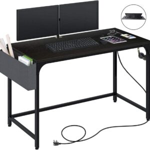 LushTree 47″ Computer Desk with Power Outlet, Home Office Desktop Table with USB Ports & Socket with Side Storage Bag & Iron Hooks (Black)